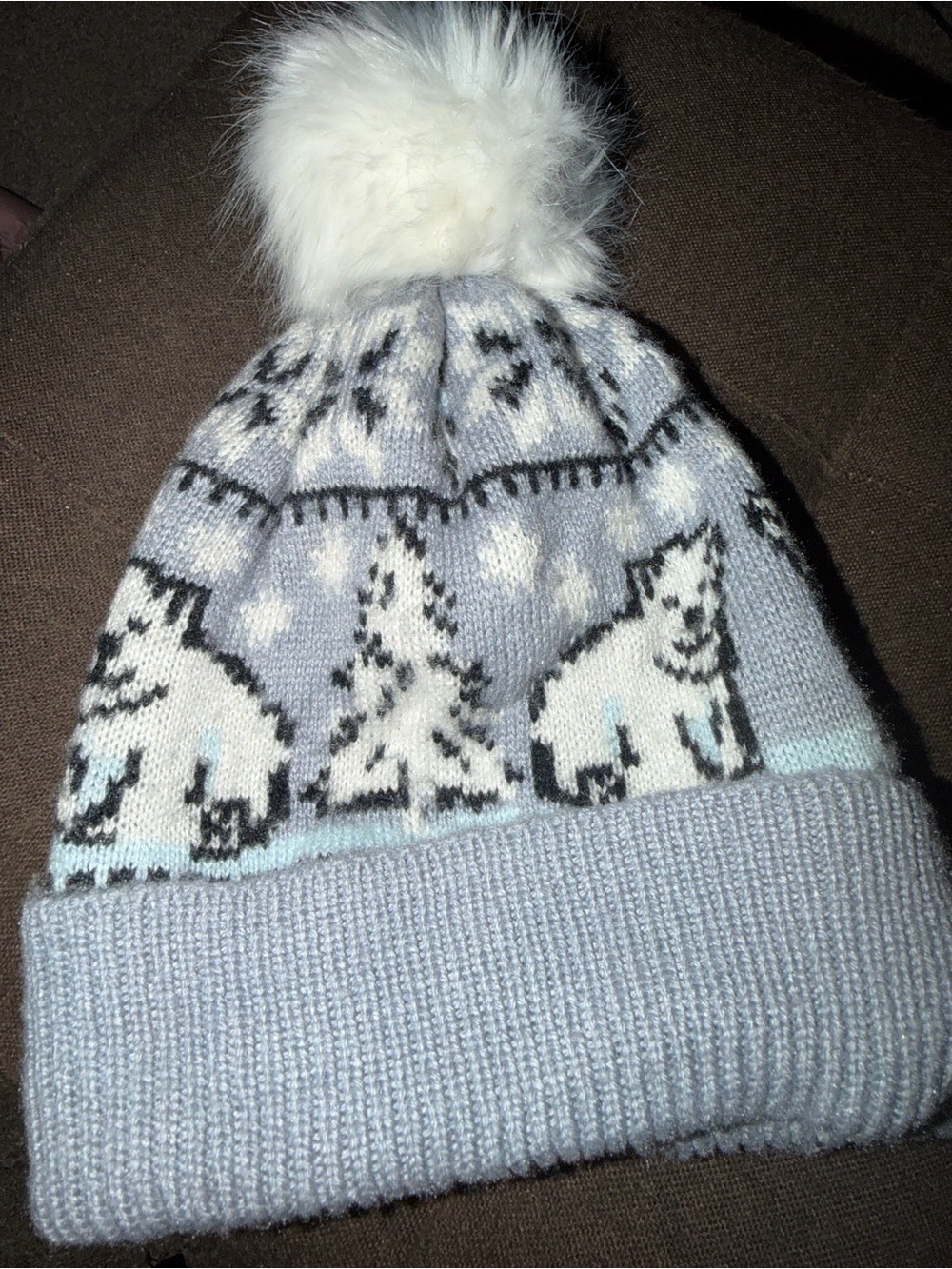 Vera Bradley Women’s Gray Fair Isle Polar Bear Lined Knit Beanie Pom Pom
